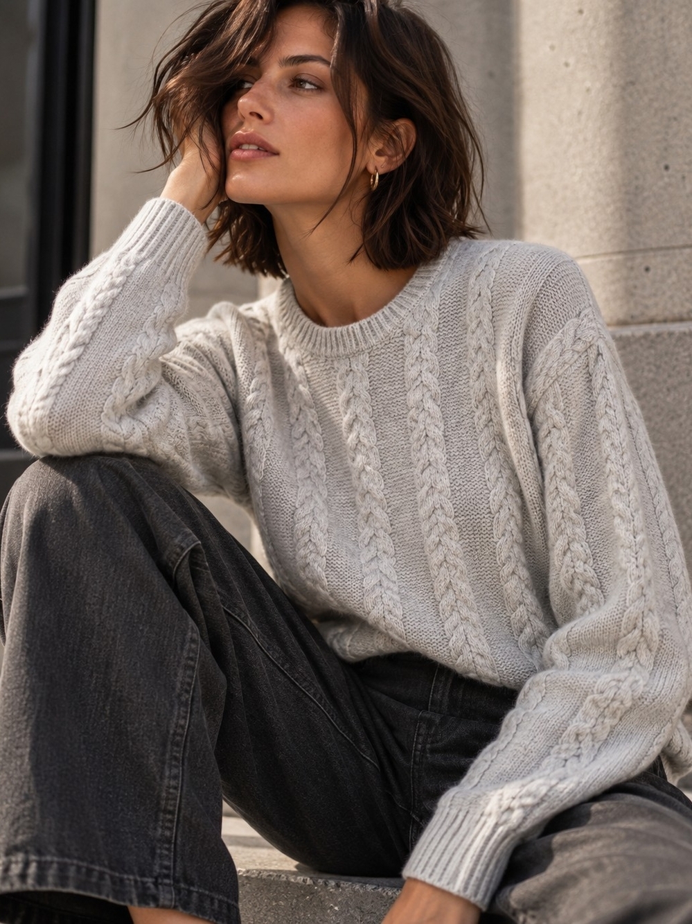 Frank & Oak Cable Knit Sweater Light Grey Cotton Blend XS